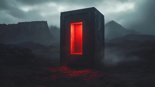 Eerie Red-Glowing Monolith in Dark Fog