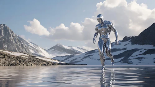 Cyborg in a Serene Snow-Covered Landscape