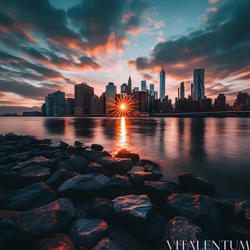 Urban Sunset Over Calm Waters AI Image