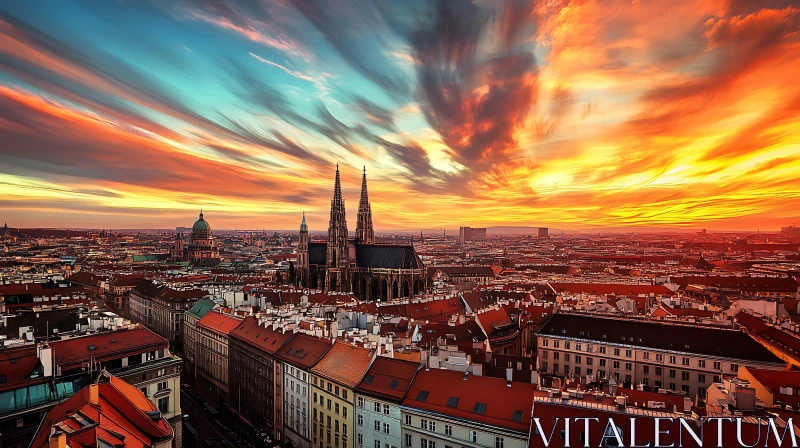 Aerial View of City Sunset with Church Spires AI Image