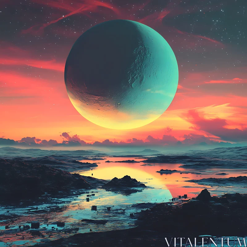 AI ART Fantasy Landscape with Giant Planet at Sunset