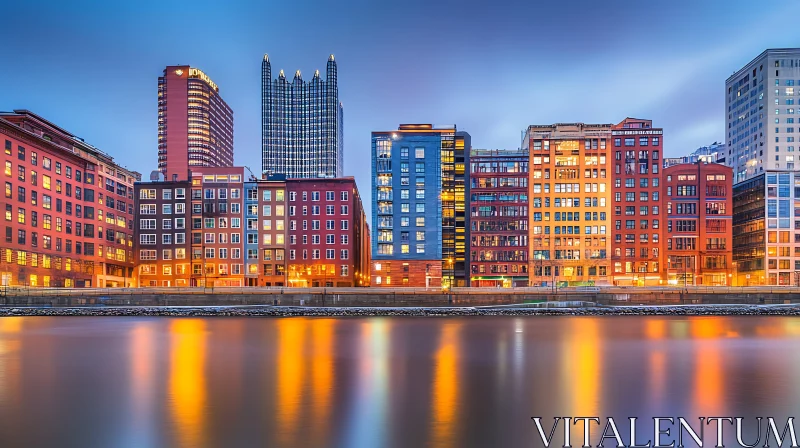 Night Cityscape with Reflective Buildings Along the River AI Image