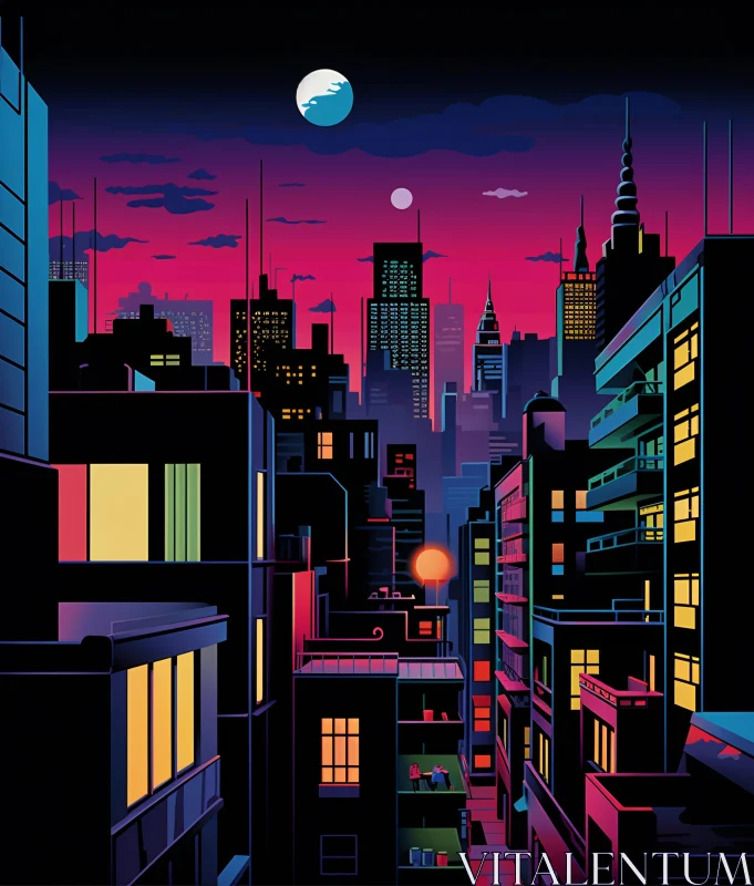 Nighttime Urban Skyline Illustration AI Image