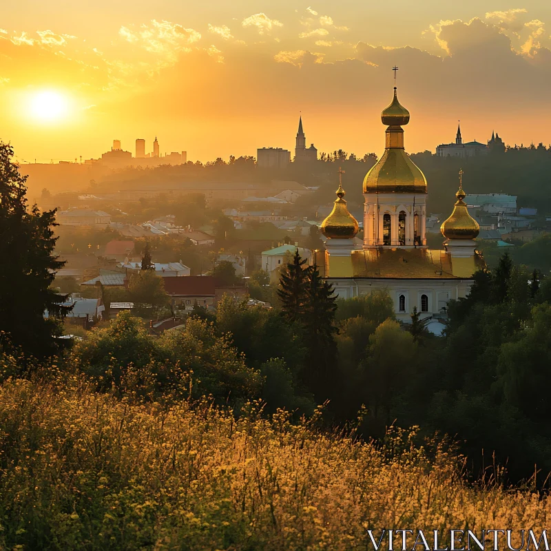 Golden Hour over Cathedral and Cityscape AI Image