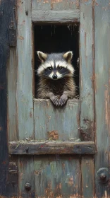 Wild Raccoon at an Antique Doorway