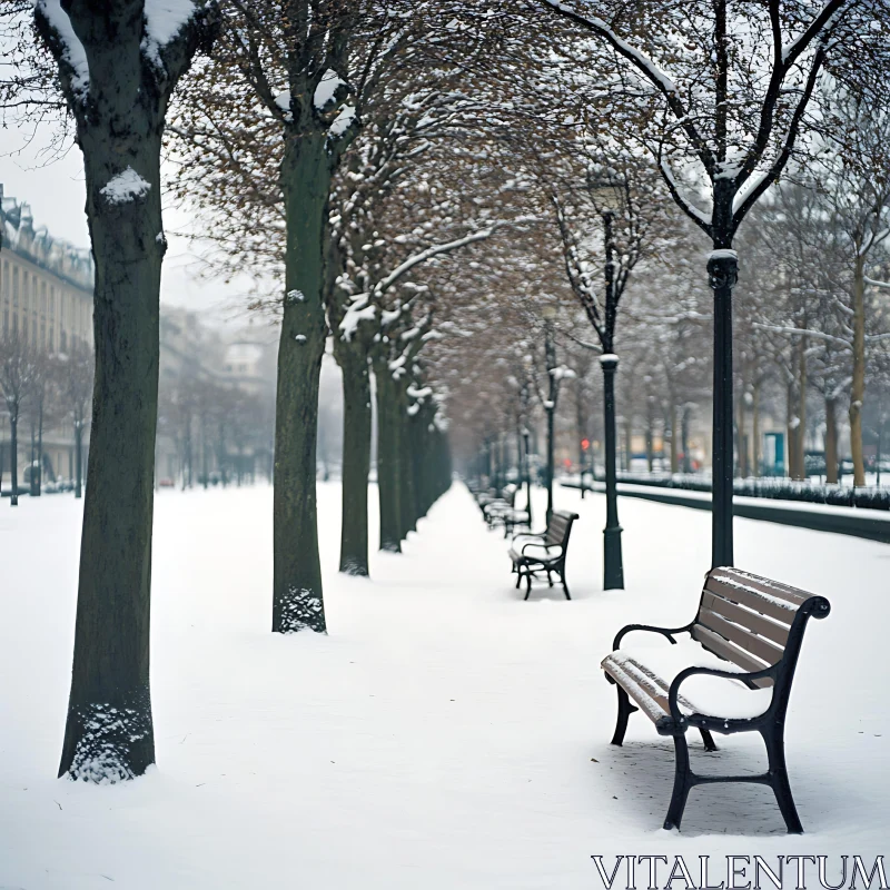 Tranquil Winter Park Scene with Snow-Dusted Benches AI Image