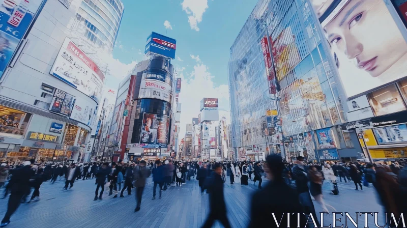 Urban Intersection with Towering Buildings and Crowds AI Image