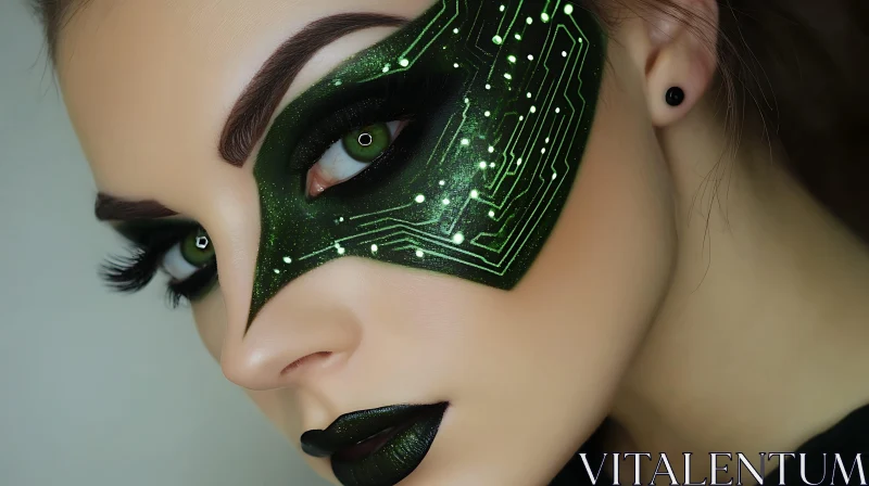 Futuristic Cyber Makeup with Green Circuit Design AI Image