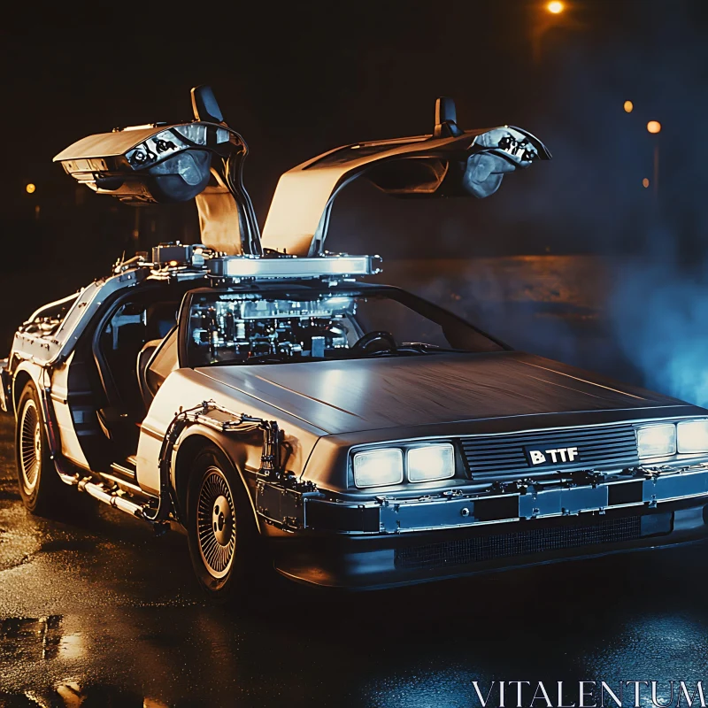 Futuristic DeLorean with Open Gullwing Doors at Night AI Image