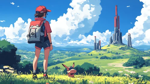 Anime Landscape with Backpacked Character and Towers