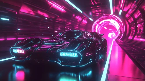 Cyberpunk Electric Car in High-Tech Tunnel