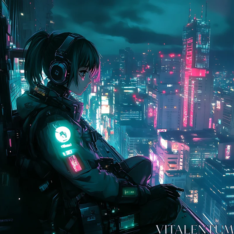 Cyberpunk City Anime Character Night View AI Image