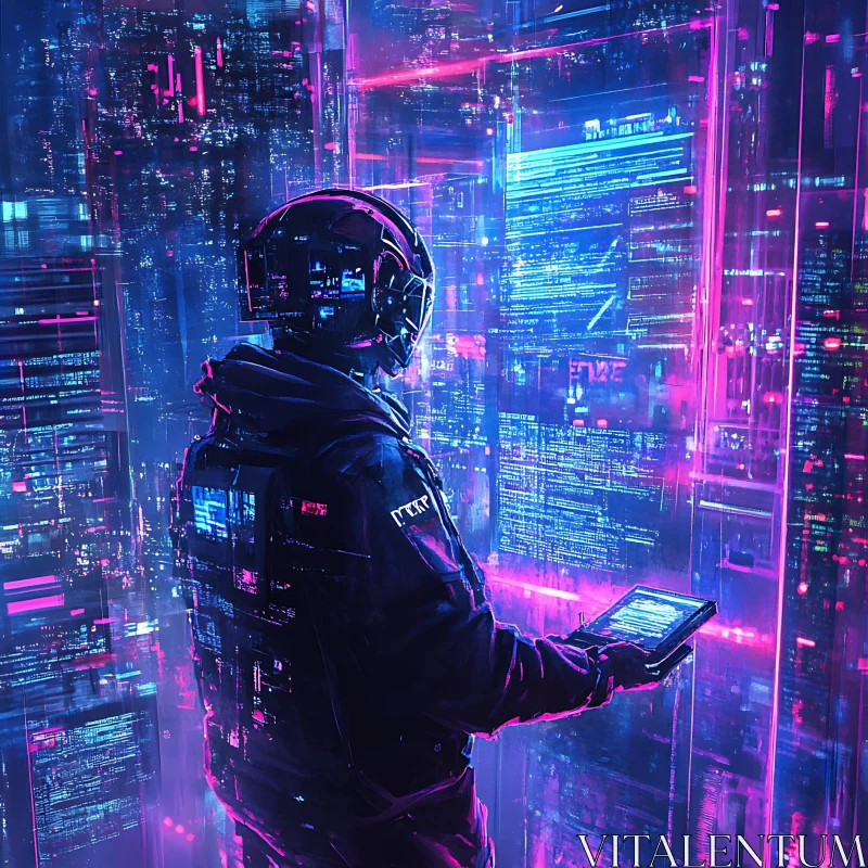 AI ART Cyberpunk Hacker in Neon-Lit Cityscape