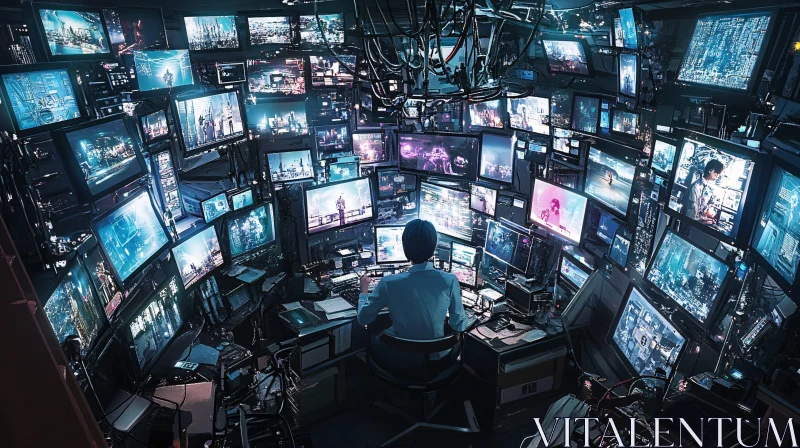 High-Tech Surveillance Room Filled with Monitors AI Image