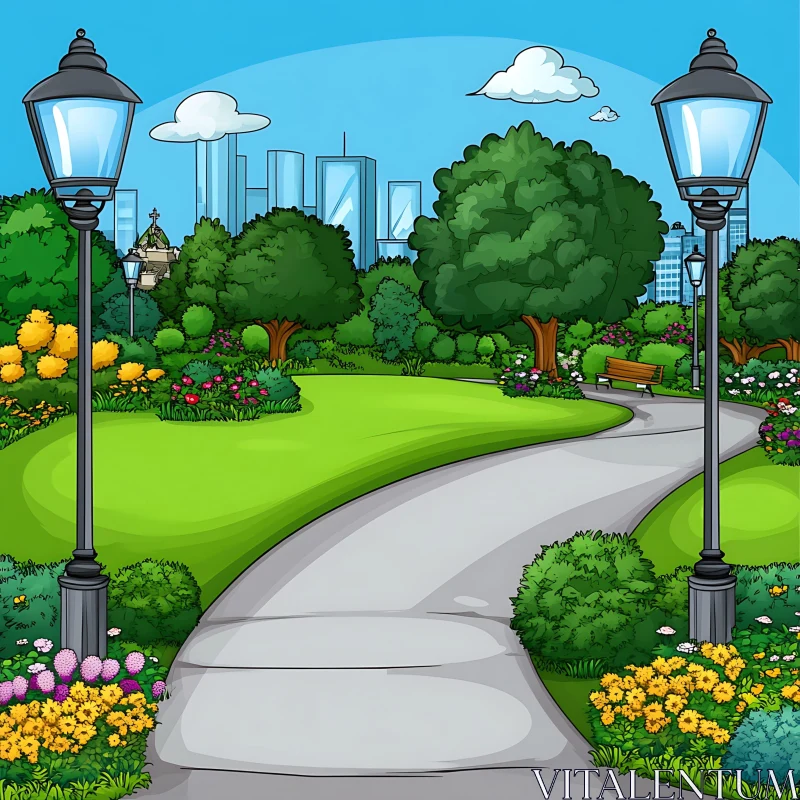 Park Pathway with Lamp Posts and Skyscrapers AI Image