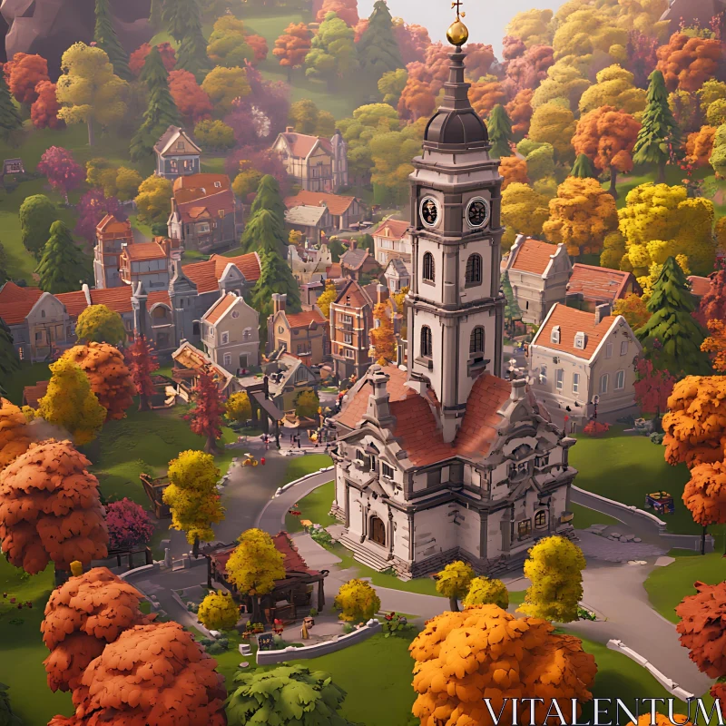 AI ART Charming Village with Autumn Colors and Central Church