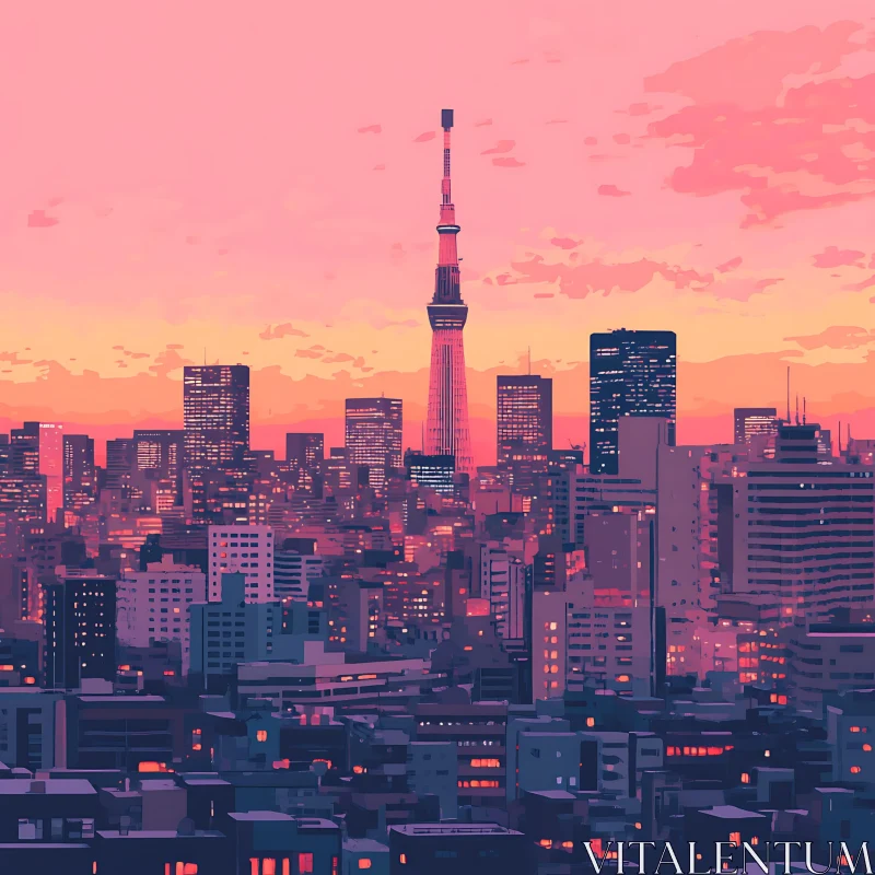 Urban Sunset Skyline with Prominent Tower AI Image