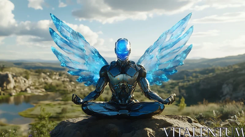 Cyborg Meditating with Blue Crystal Wings in a Serene Landscape AI Image