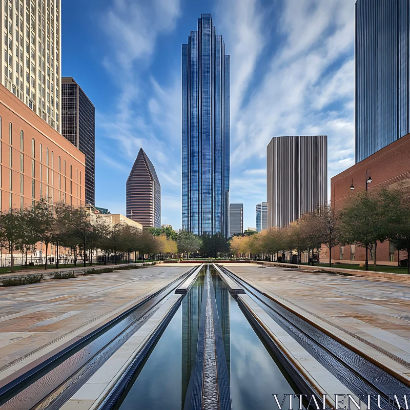 Modern Cityscape with Reflective Water Feature AI Image