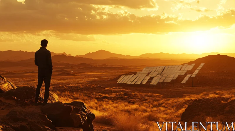 Desert Sunset and Solar Panels Viewed by Man AI Image