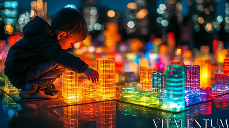 AI ART Kid Playing with Illuminated Miniature Blocks