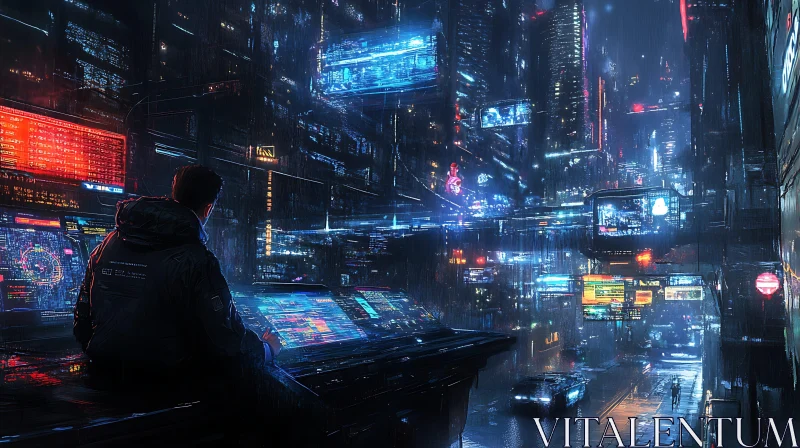 Cyberpunk Rainy Night in a Futuristic City AI Image