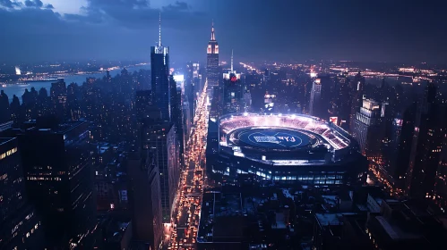 Urban Night View with Lit Stadium and Skyscrapers