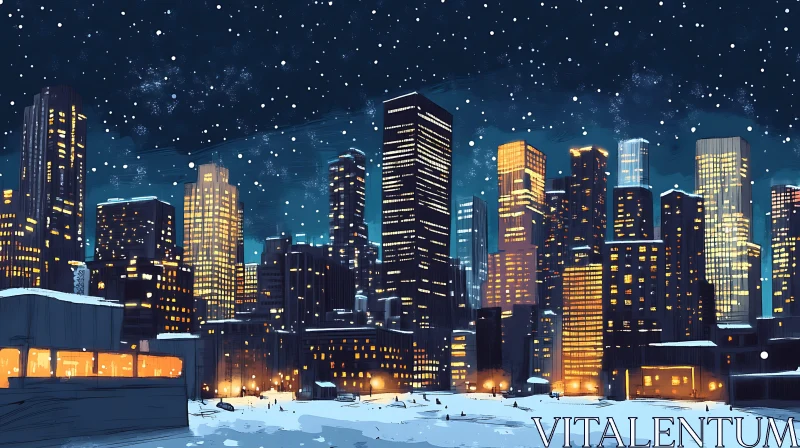 AI ART Winter Night City Skyline with Falling Snow