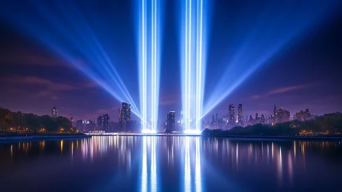 Illuminated City Skyline with Blue Light Reflection