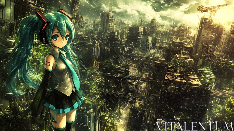 AI ART Teal-Haired Anime Girl in Futuristic Urban Jungle