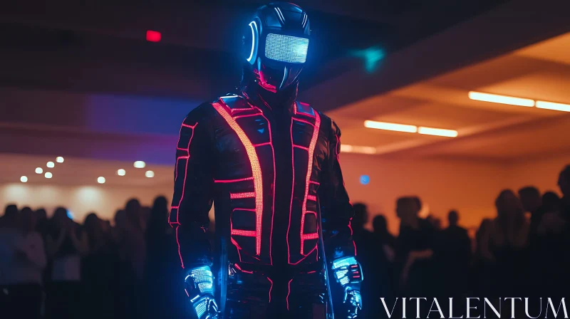 Glowing Neon Cyber Suit at High-Tech Event AI Image