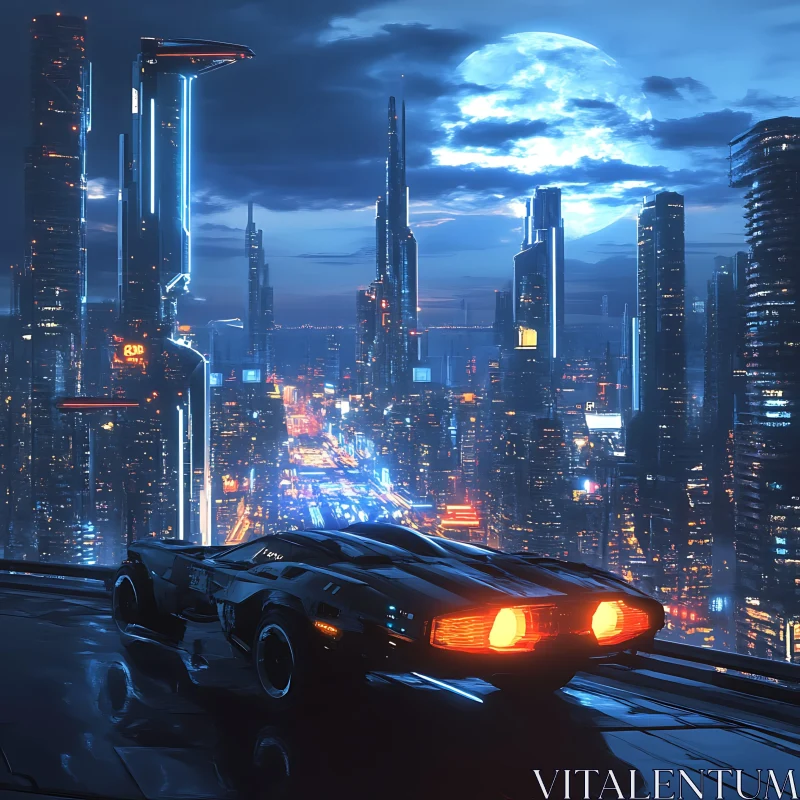 High-Tech Night City with Futuristic Car AI Image