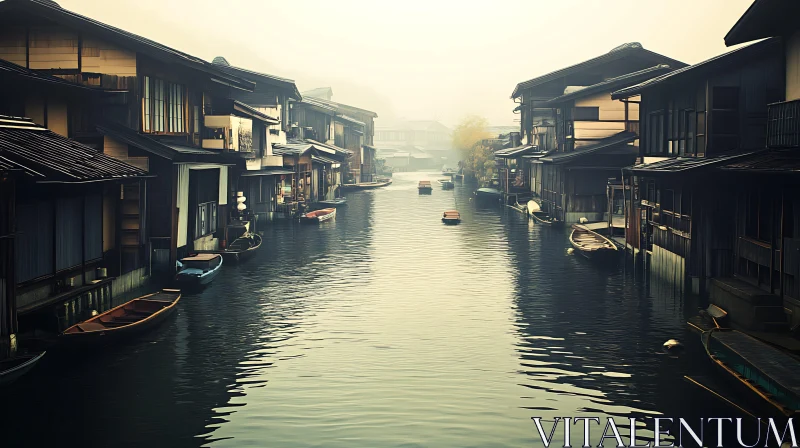 Misty Canal with Boats and Traditional Houses AI Image