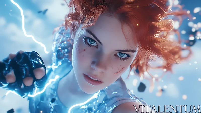 Powerful Red-Haired Heroine in Electrifying Fantasy Scene AI Image