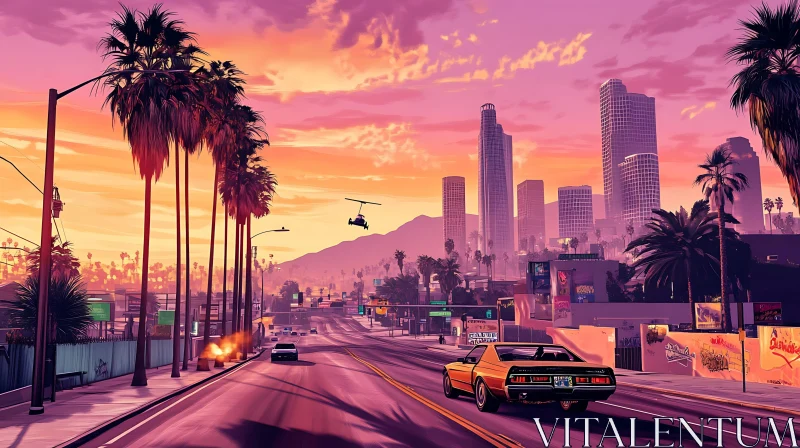 Urban Sunset with Palm Trees and Helicopter AI Image