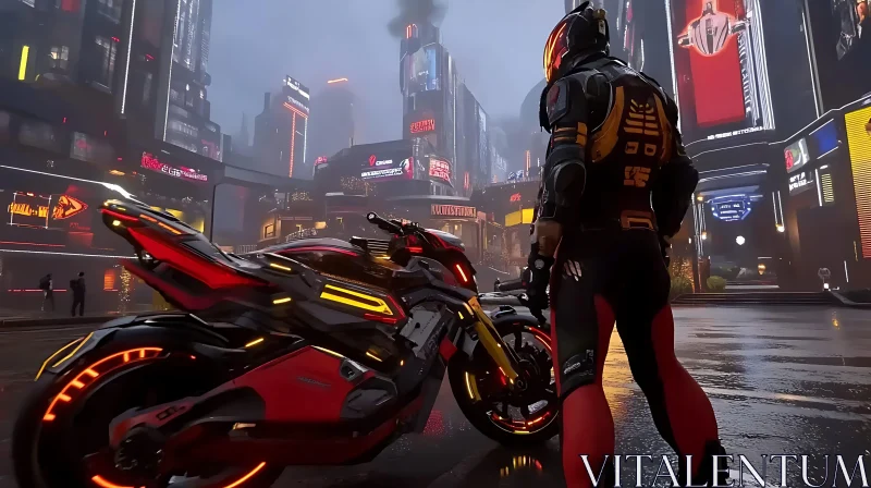 Cyberpunk City with Advanced Armor and High-Tech Motorcycle AI Image