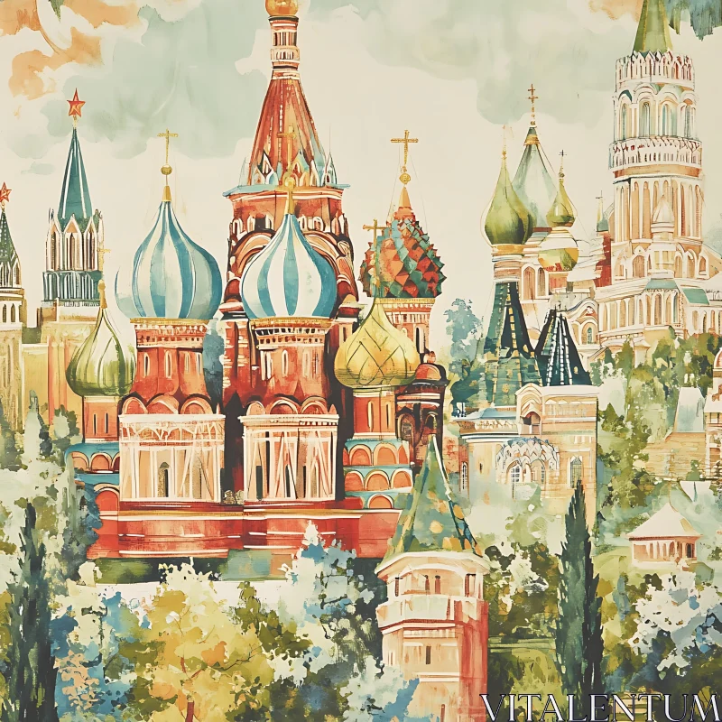 Iconic Russian Architecture in Watercolor AI Image