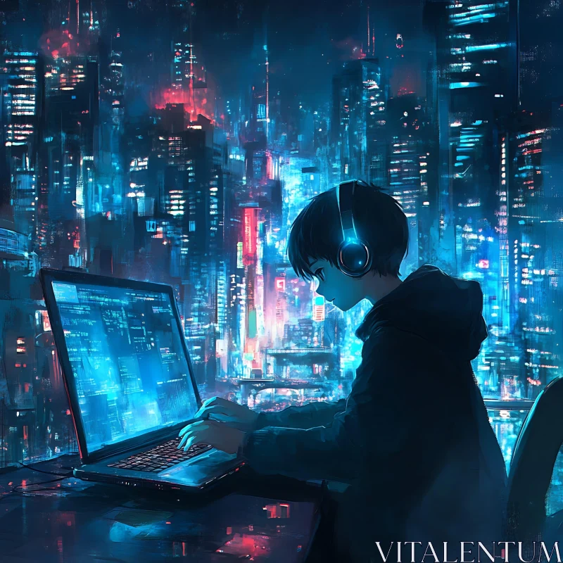 Anime Character Hacking in Neon Cityscape AI Image