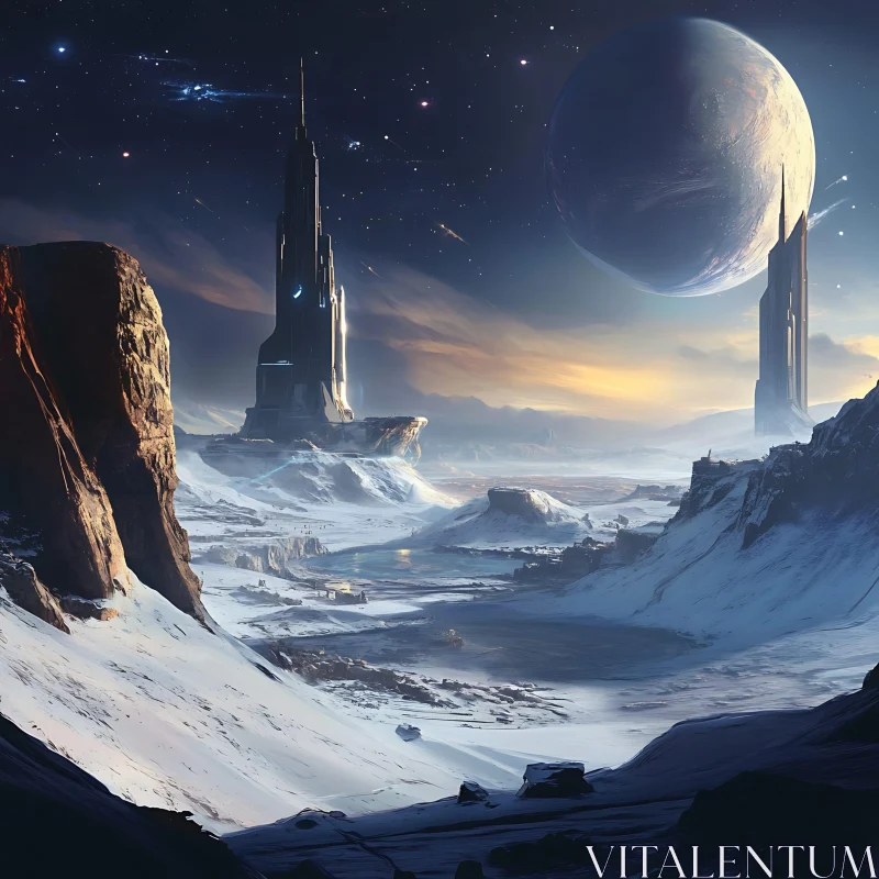 Sleek Towers in Snowy Alien Environment AI Image