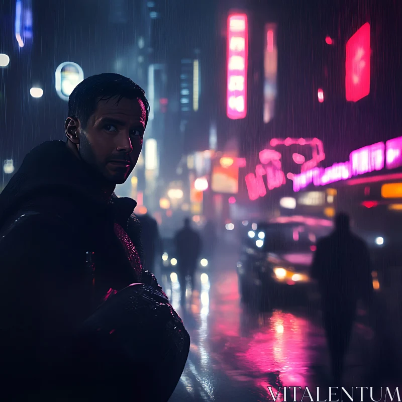 Neon Rainy Night with Mysterious Man AI Image