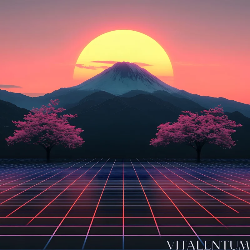 AI ART Mountain Sunset with Cherry Blossoms and Neon Grid