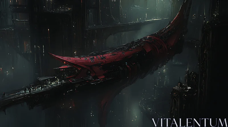 AI ART Gigantic Red Spacecraft in a Dark Future Metropolis