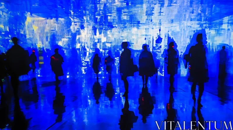 Blue Silhouettes and Reflections in Abstract Art Installation AI Image