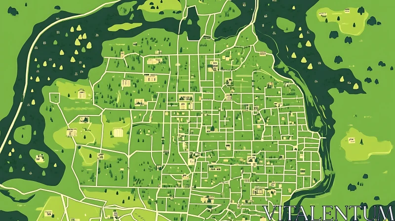 City Map with Streets, Buildings, and Green Spaces AI Image