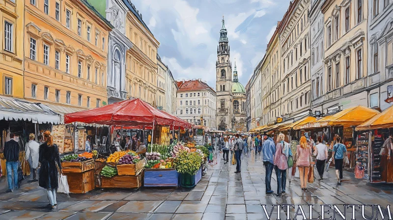 Bustling Urban Market Amidst Historic Buildings AI Image