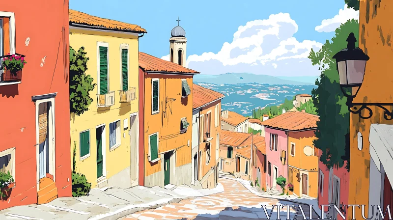 Vibrant Hill Street in a Mediterranean Town AI Image