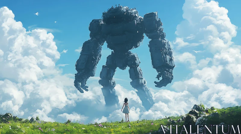 AI ART Colossal Robot and Girl in a Picturesque Meadow