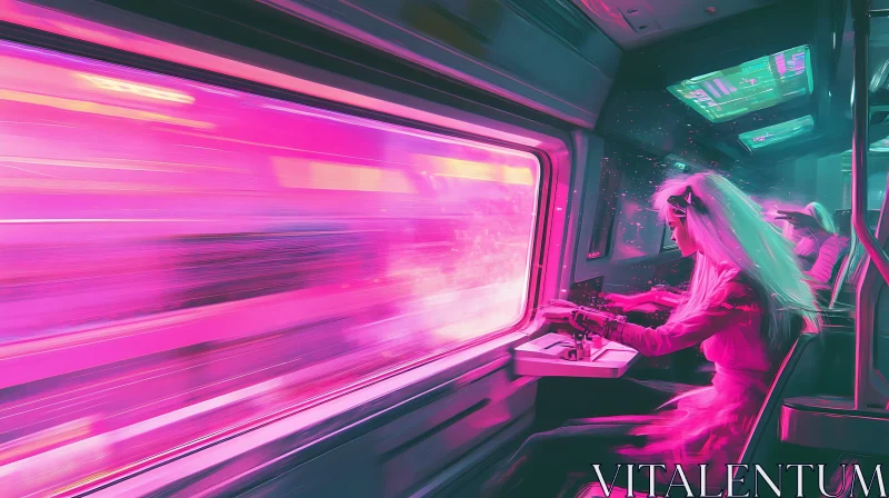 Cyberpunk Lady Watching Neon City from Train Window AI Image