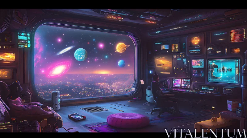 Tech Control Room Overlooking City and Outer Space AI Image