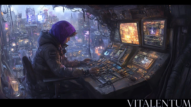 Cyberpunk Hacker Overlooking Futuristic Cityscape AI Image